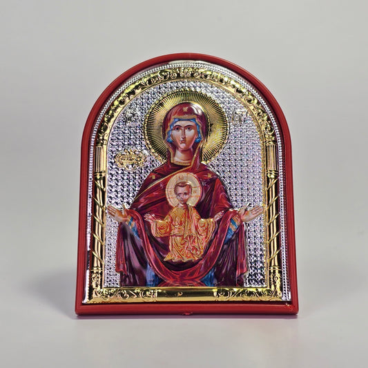 Theotokos “Our Lady of the Sign” Colored Silver & Gold-Plated Icon