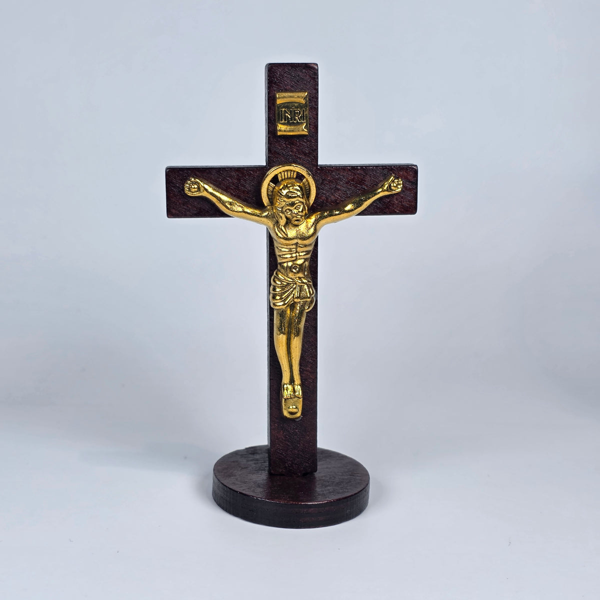 Wooden Standing Orthodox Cross with Gold-Toned Corpus – 10cm