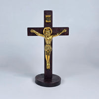 Wooden Standing Orthodox Cross with Gold-Toned Corpus – 10cm