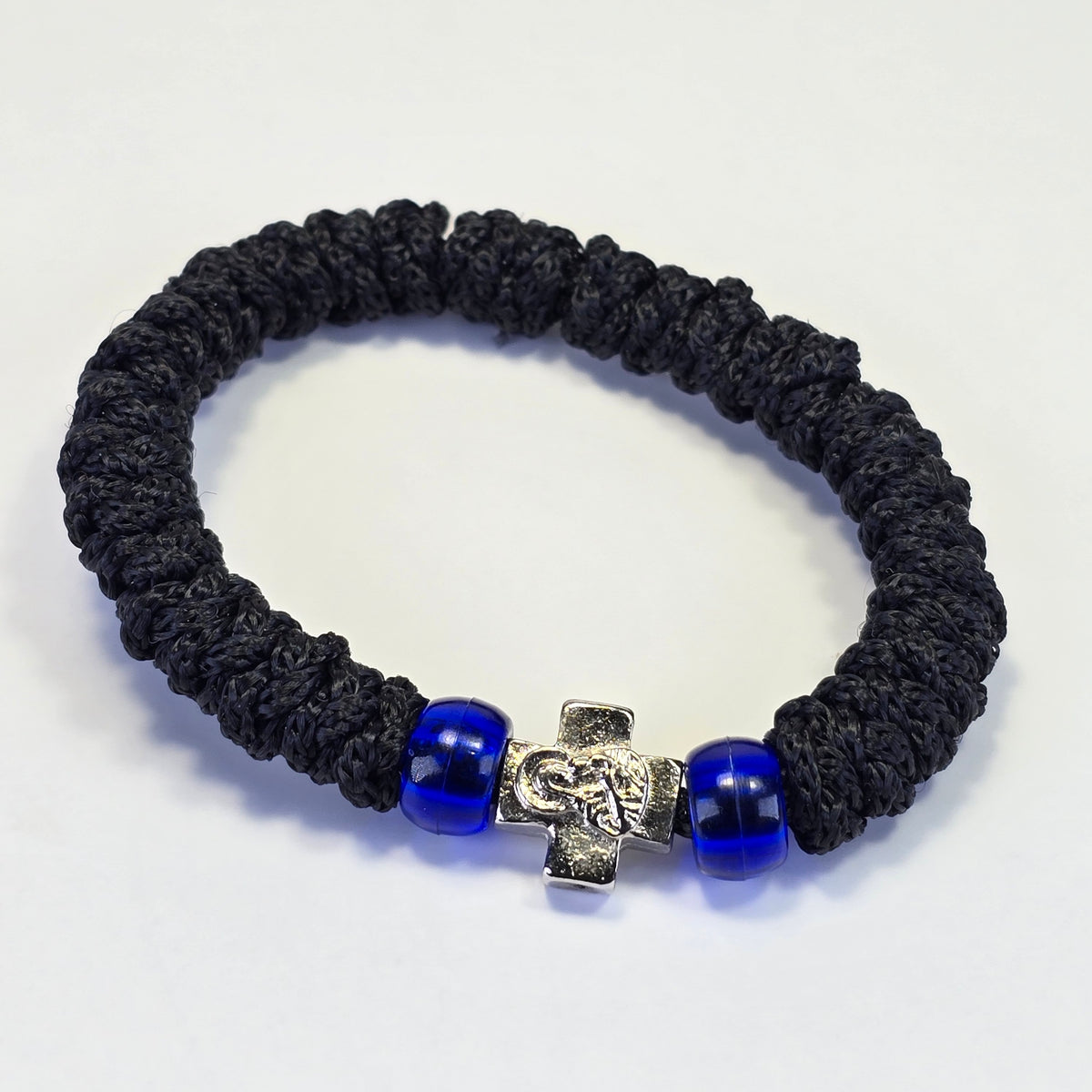 Orthodox Prayer Rope (Komboskini) – 30 Knots with Metal Cross & Blue Beads - Made on Mount Athos