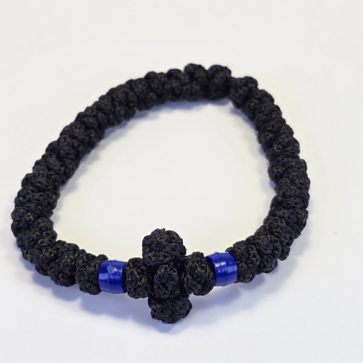 Orthodox Prayer Rope (Komboskini) – 30 Knots with Knotted Cross & Blue Beads - Made on Mount Athos