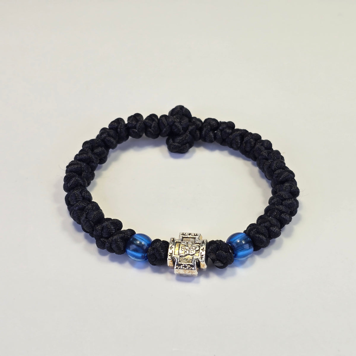 Orthodox Prayer Rope (Komboskini) – 30 Knots with Metal Cross & Blue Beads