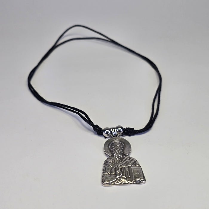 Saint Spyridon Orthodox Icon Necklace – Silver-Tone Metal on Black Cord