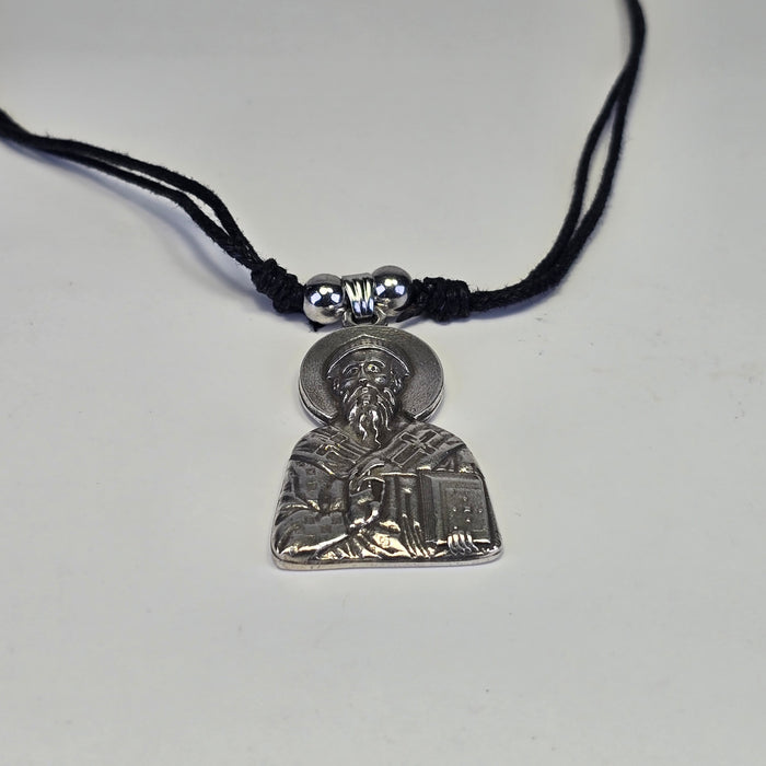 Saint Spyridon Orthodox Icon Necklace – Silver-Tone Metal on Black Cord