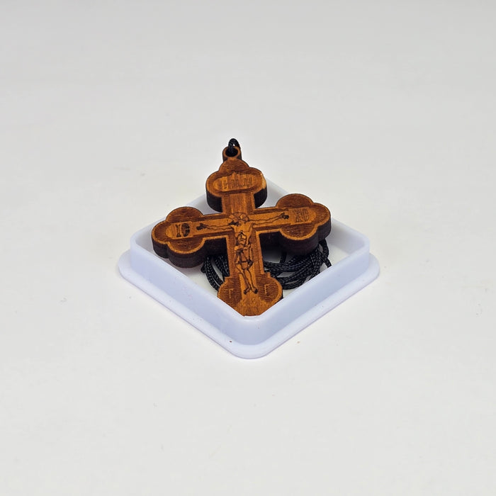 Orthodox Wooden Cross Necklace – Engraved Crucifix on Black Cord