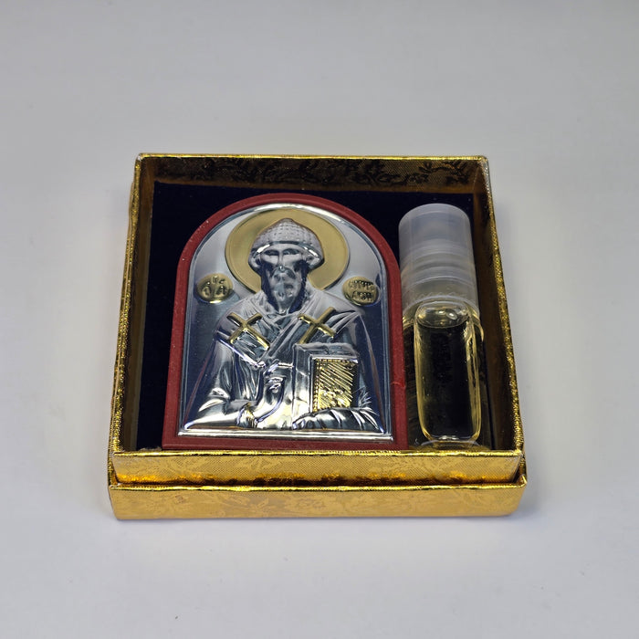 Saint Spyridon Icon & Holy Myrrh Set – Blessing from Corfu (Kerkira)