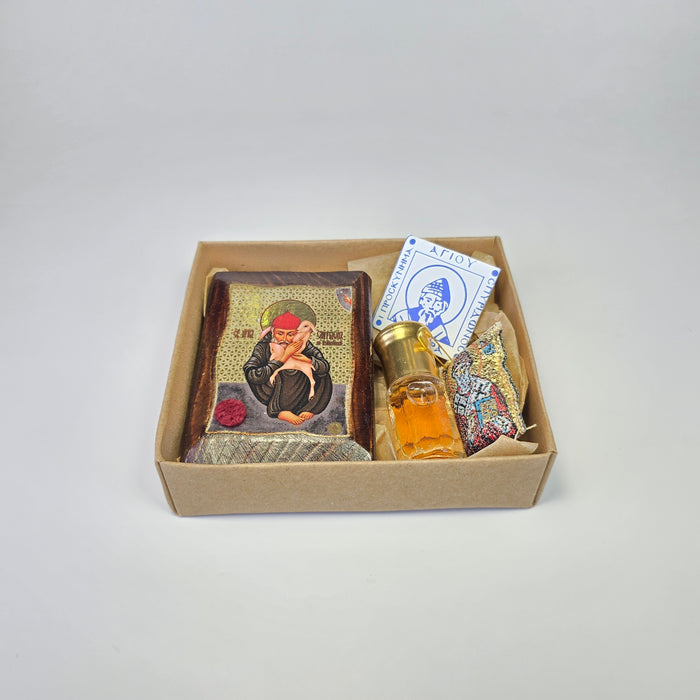 Saint Spyridon Devotional Blessing Set – Icon, Holy Myrrh & Relic Cloth from Corfu (Kerkira)