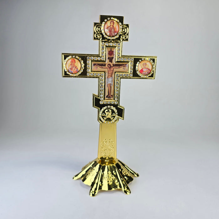 Standing Orthodox Crucifix with Icon Medallions — Gold Tone (16 × 10 cm)