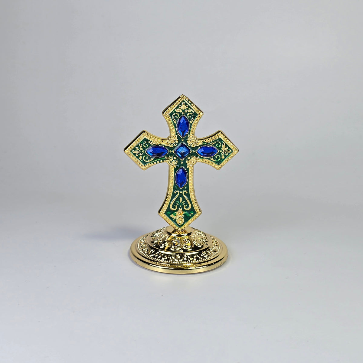 Ornate Standing Orthodox Cross (7 × 5.5 cm) — Enamel & Blue Stones (3 Variants)