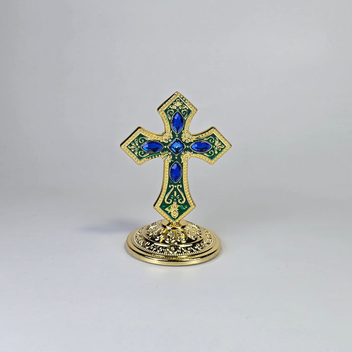 Ornate Standing Orthodox Cross (7 × 5.5 cm) — Enamel & Blue Stones (3 Variants)