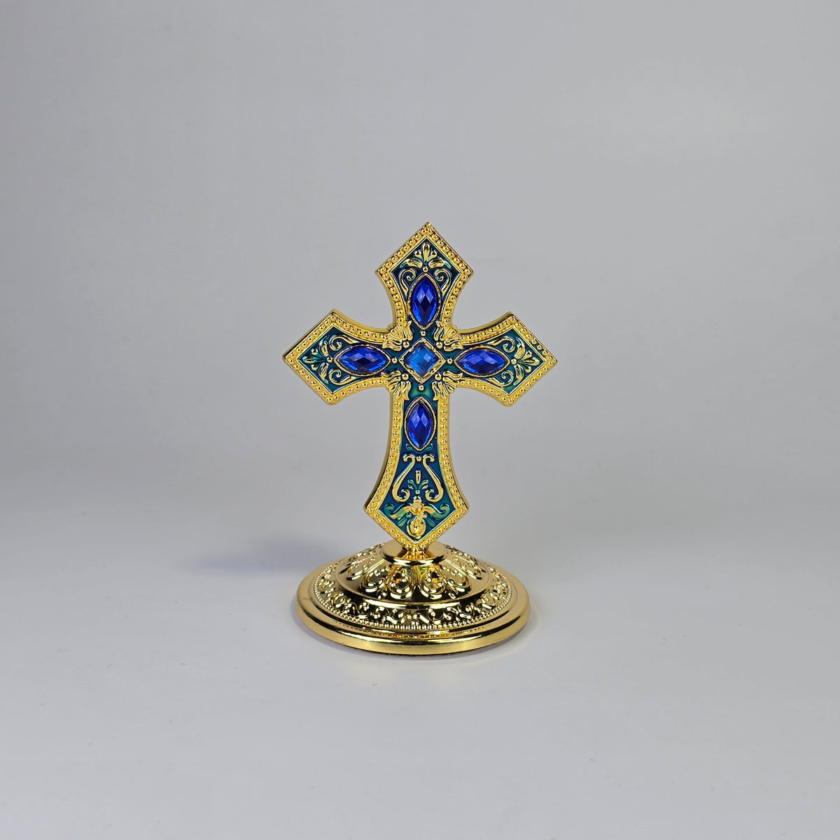 Ornate Standing Orthodox Cross (7 × 5.5 cm) — Enamel & Blue Stones (3 Variants)