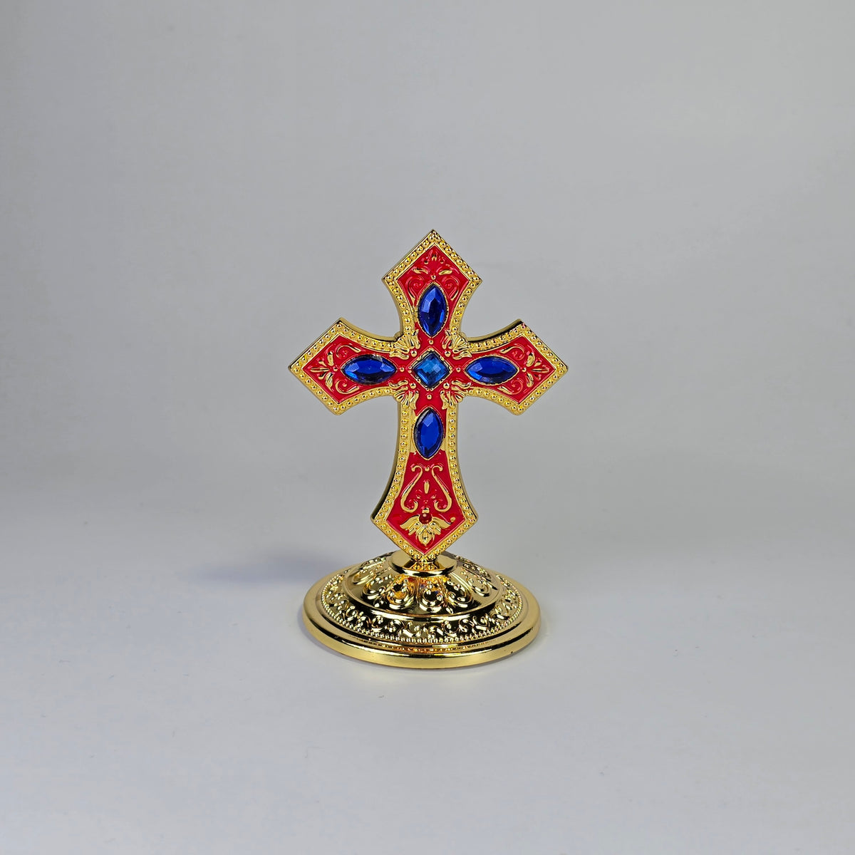 Ornate Standing Orthodox Cross (7 × 5.5 cm) — Enamel & Blue Stones (3 Variants)