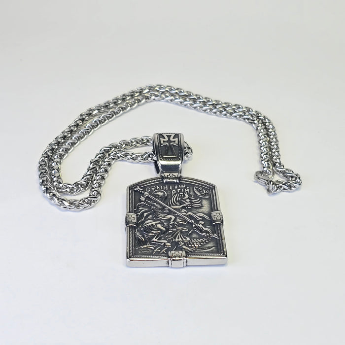Saint George Icon Necklace – Silver-Tone Orthodox Pendant with Braided Chain