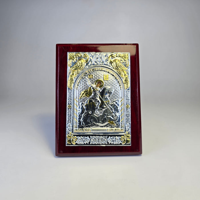 Saint George the Great Martyr Icon (12 × 9 cm) – Silver & Gold Tone on Wood