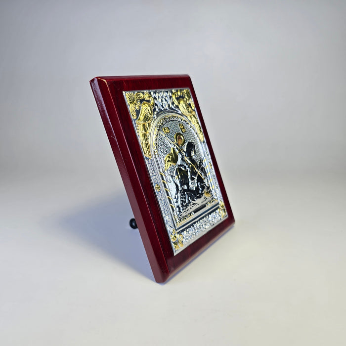 Saint George the Great Martyr Icon (12 × 9 cm) – Silver & Gold Tone on Wood