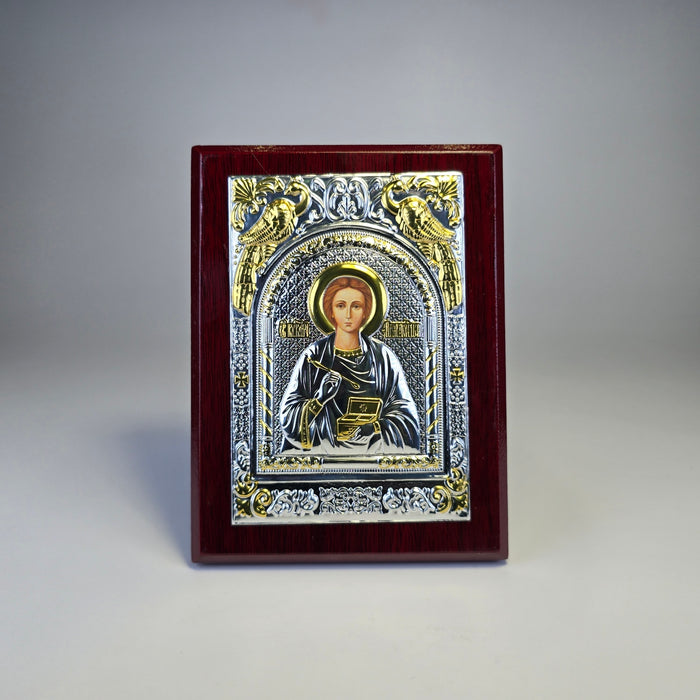 Saint Panteleimon the Healer Icon (12 × 9 cm) – Silver & Gold Tone on Wood