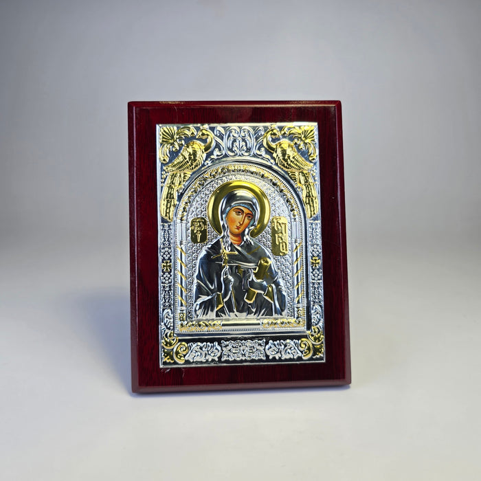Saint Nino the Enlightener of Georgia Icon (12 × 9 cm) – Silver & Gold Tone on Wood