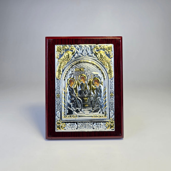 Holy Trinity Icon (12 × 9 cm) – Silver & Gold Tone on Wood