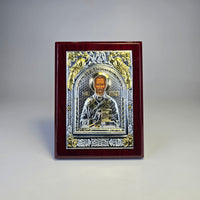 Saint Nicholas the Wonderworker Icon (12 × 9 cm) – Silver & Gold Tone on Wood
