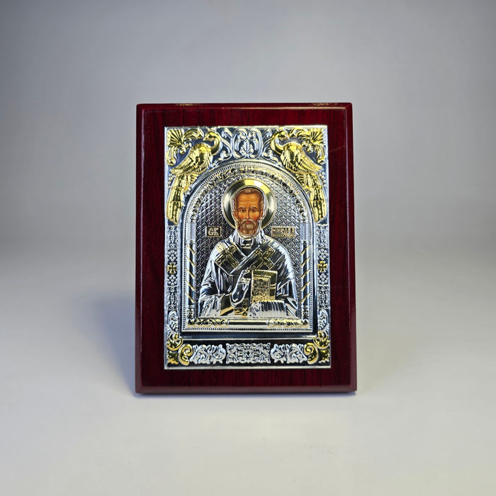 Saint Nicholas the Wonderworker Icon (12 × 9 cm) – Silver & Gold Tone on Wood