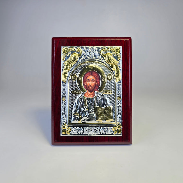 Jesus Christ Pantocrator Icon (12 × 9 cm) – Silver & Gold Tone on Wood