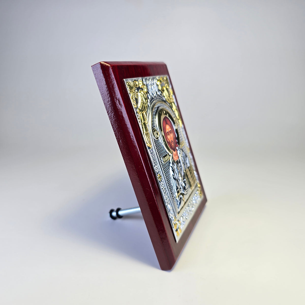 Jesus Christ Pantocrator Icon (12 × 9 cm) – Silver & Gold Tone on Wood