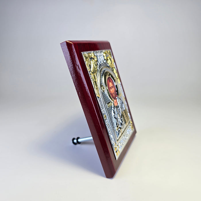 Jesus Christ Pantocrator Icon (12 × 9 cm) – Silver & Gold Tone on Wood
