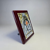 Mother of God Icon (12 × 9 cm) – Silver & Gold Tone on Wood