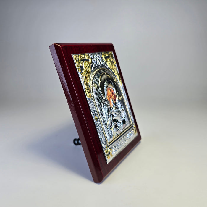 Mother of God Icon (12 × 9 cm) – Silver & Gold Tone on Wood