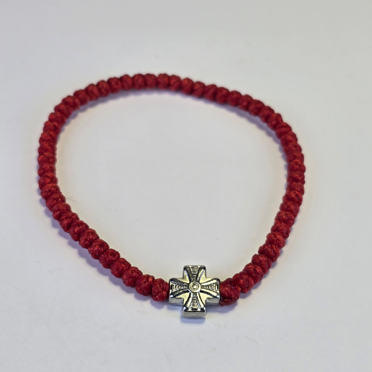 Orthodox Prayer Rope Bracelet (Komboskini) – Red with Metal Cross